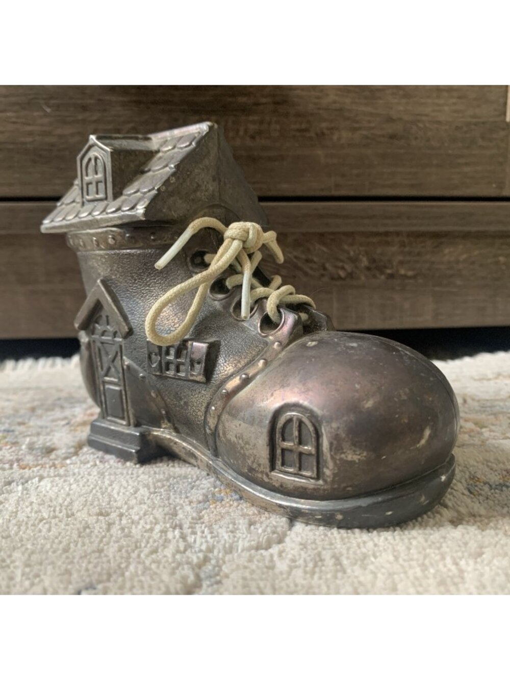 Vintage Pewter "Old Lady Who Lived in a Shoe" Coin Piggy Bank Missing Plug